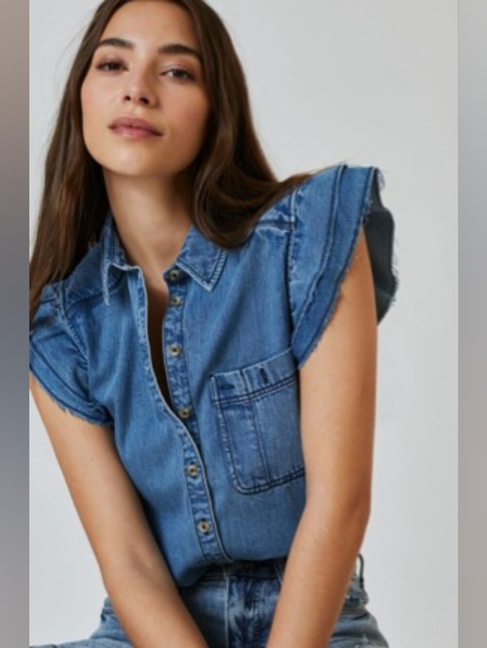 NWT Pilcro Anthropologie Short Sleeve With Ruffles Denim Button-Down Top